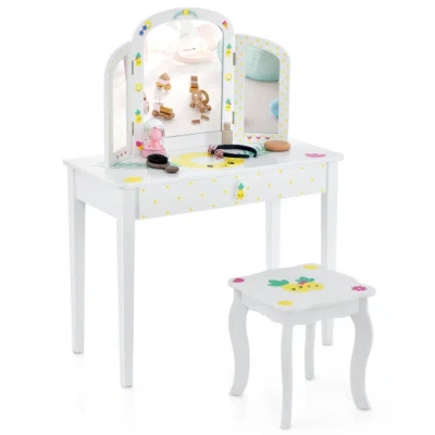 Costway Kids Vanity Table Set With Tri-folding Mirror And Large Drawer-white