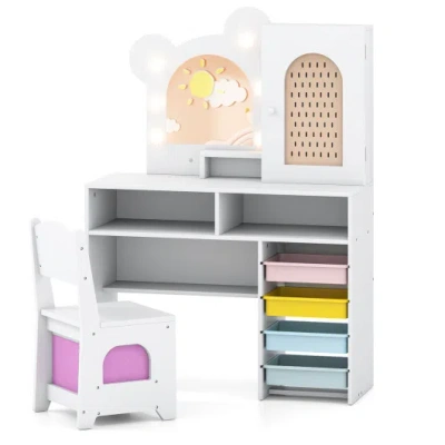 Costway Kids Vanity With Lights And 5 Drawers For Kids Aged 3+ Years Old-white In Multi