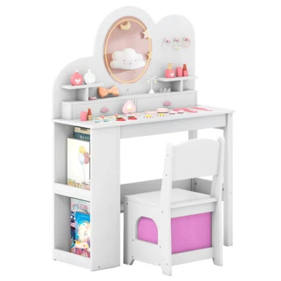 Costway Kids Vanity With Lights Princess Vanity Table And Chair Set With 2 Drawers And 2-tier Bookshelf-whit In Multi