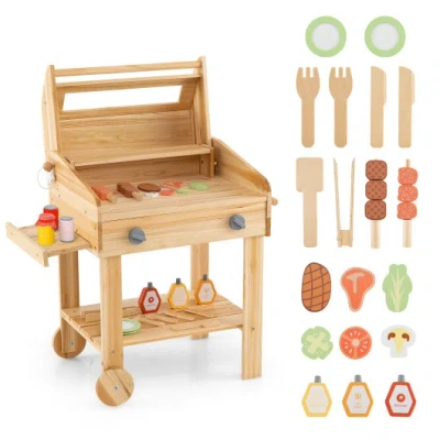 Costway Kids Wooden Barbecue Grill Playset Pretend Kitchen With Food And Wheels-natural In Multi