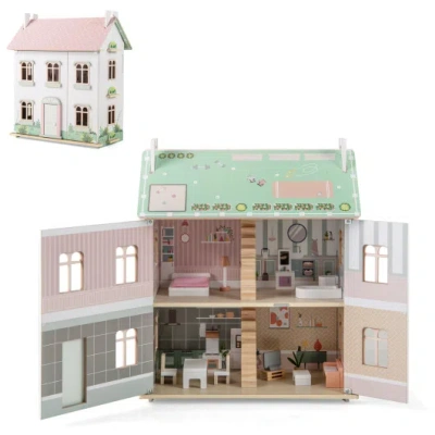 Costway Kids Wooden Dollhouse 3 Level With Double-sided Roofs And Doors-pink In Multi