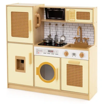 Costway Kids Wooden Kitchen Playset With Realistic Lights And Sounds-yellow In Multi
