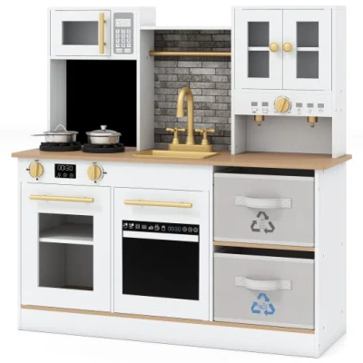 Costway Kids Wooden Kitchen Playset With Stoves Sound Light For 3+ Years Old-white In Multi