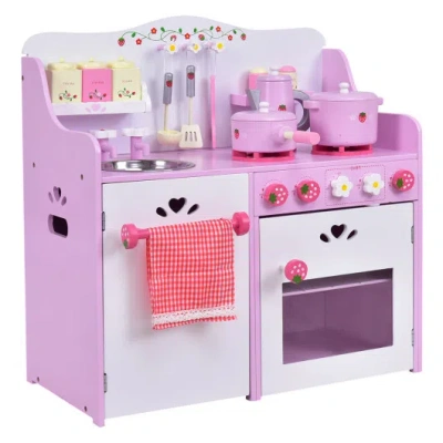 Costway Kids Wooden Kitchen Toy Strawberry Pretend Cooking Playset In Pink