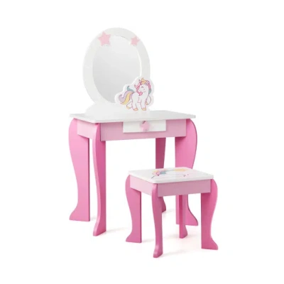 Costway Kids Wooden Makeup Dressing Table And Chair Set With Mirror And Drawer-pink