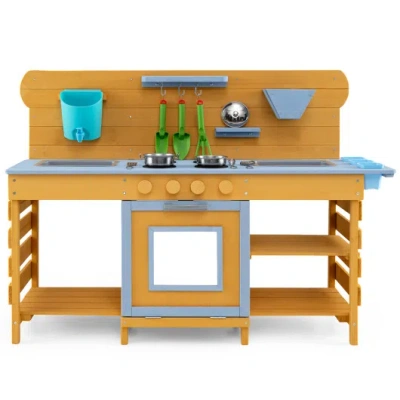 Costway Kids Wooden Mud Kitchen With 2 Sinks And 4 Stoves-natural In Brown