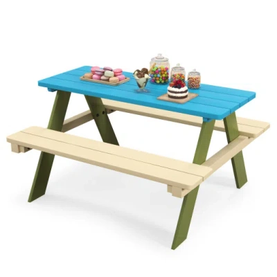 Costway Kids Wooden Picnic Table Set Toddler Activity And Dining Table With Built-in Benches In Multi