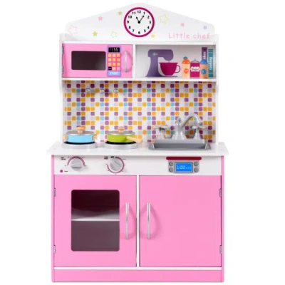 Costway Kids Wooden Pretend Cooking Playset Cookware Play Set Kitchen Toys Toddler Gift-pink