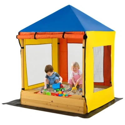 Costway Kids Wooden Sandbox With Canopy Large Sand Pit With Mesh Windows And Bottom Liner-multicolor