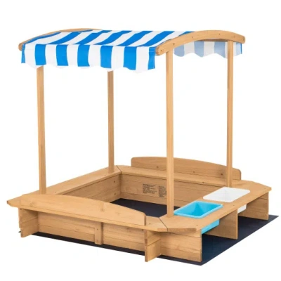 Costway Kids Wooden Sandbox With Striped Canopy In Brown