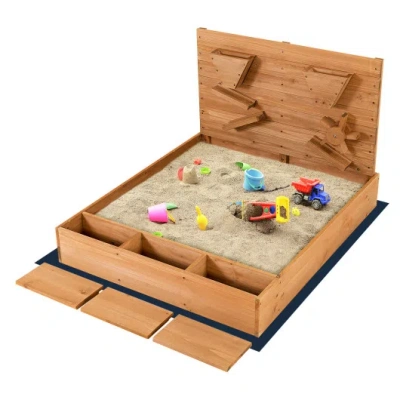 Costway Kids Wooden Square Sandbox With Cover In Brown