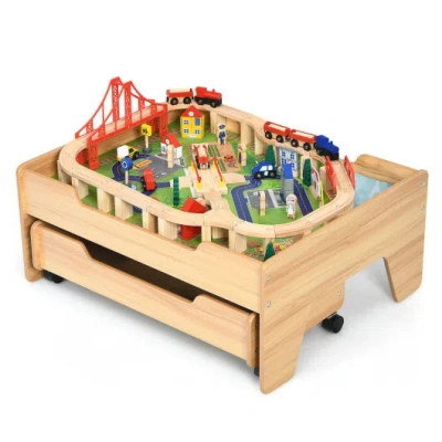 Costway Kids Wooden Train Set Table With 100 Multicolor Pieces And Lockable Wheels