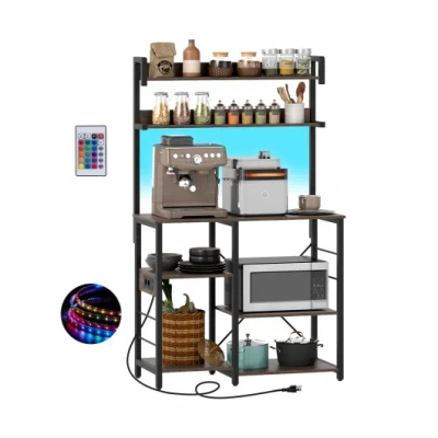 Costway Kitchen Bakers Rack With Power Outlet 5-tier Microwave Oven Stand With Led Lights-rustic Brown In Black