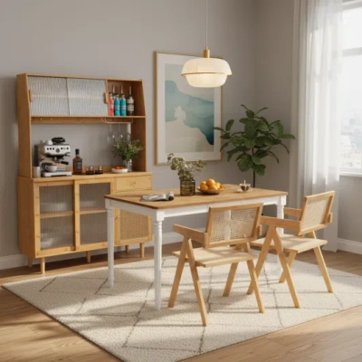 Costway Kitchen Dining Set With Extendable Table, 2 Rattan Accent Chairs And Kitchen Cabinet In Brown