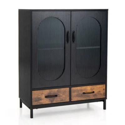 Costway Kitchen Industrial Buffet Sideboard With Tempered Glass Doors-black