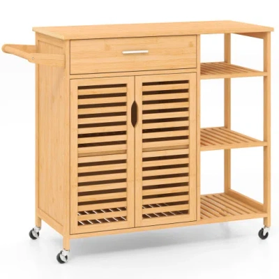 Costway Kitchen Island Cart On Wheels With Sturdy Bamboo Frame-natural In Brown