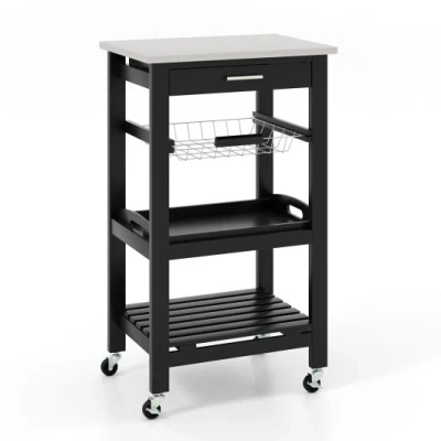 Costway Kitchen Island Cart With Stainless Steel Tabletop And Basket-black