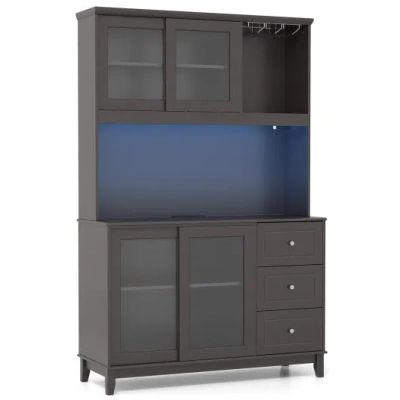 Costway Kitchen Pantry Storage Cabinet Kitchen Hutch With Led Lights And Power Outlet-dark Brown