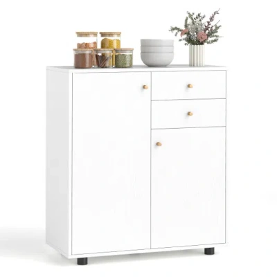 Costway Kitchen Sideboard Buffet Cabinet Coffee Bar Cabinet With 2 Drawers 2 Doors And 3 Adjustable Shelves- In White