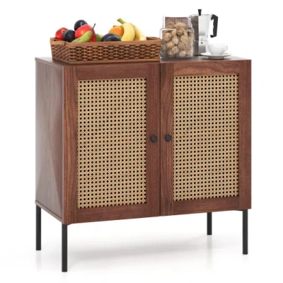 Costway Kitchen Sideboard With 2 Rattan Doors And Adjustable Shelf-walnut In Multi