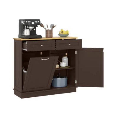 Costway Kitchen Tilt Out Trash Cabinet With 2 Drawers And Adjustable Shelf-brown In Burgundy