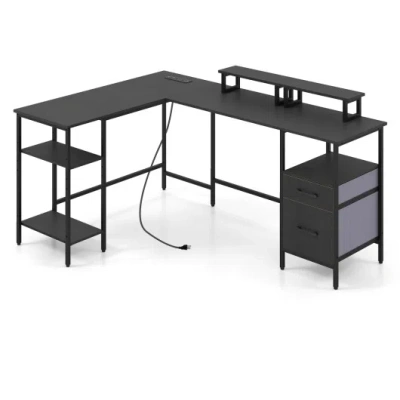 Costway L Shaped Desk With Power Outlet Reversible Computer Desk With Monitor Stands-black