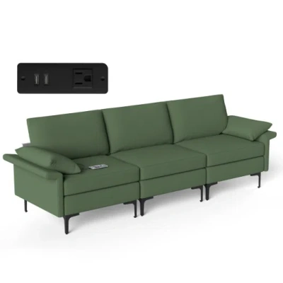 Costway Large 3-seat Sofa Sectional With Metal Legs And 2 Usb Ports For 3-4 People-green