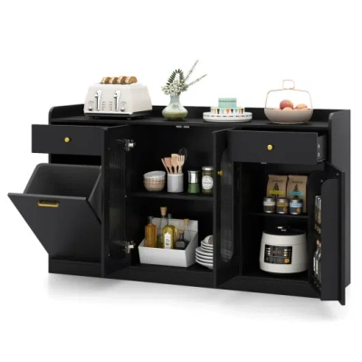 Costway Large Buffet Cabinet Hidden Tilt Out Trash Can Cabinet With 2 Glass Doors-black