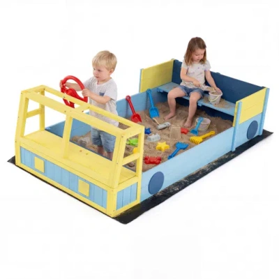 Costway Large Car-theme Sand Box With Bottom Liner And Fir Wood Frame-blue In Multi