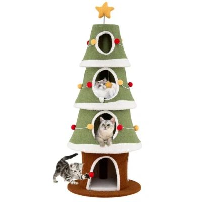 Costway Large Christmas Cat Tree For Indoor Cats 61 Inch Cute Cat Tower With 4 Condos-green In Multi