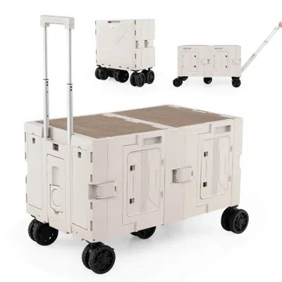 Costway Large Foldable Utility Cart With  2-tier Storage Crates 5 Rotate Wheels Metal Black In White