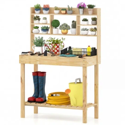 Costway Large Garden Potting Bench Table With Display Rack And Hidden Sink-natural In Brown