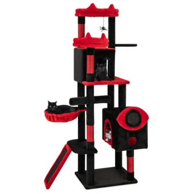Costway Large Gothic Cat Tree With Cat Condos And Plush Perches-black & Red