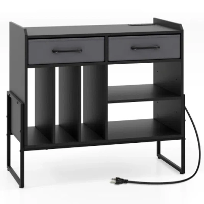 Costway Large Record Player Stand With Charging Station Mid Century Modern Vinyl Storage Cabinet-black In Gray