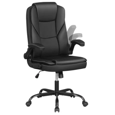 Costway Leather Office Chair Ergonomic Computer Desk Chair With Flip-up Armrests Rocking Function-black