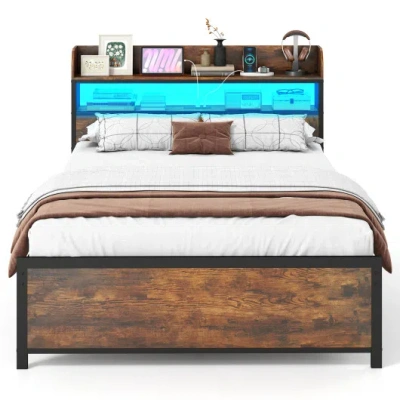 Costway Led Bed Frame With Power Outlets And Storage Headboard-full Size In Multi