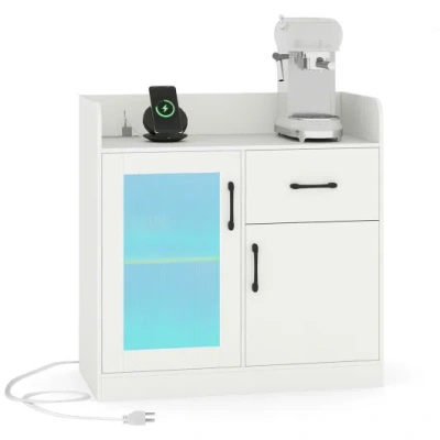 Costway Led Buffet Sideboard With Charging Station With Drawer And Translucent Fluted Door-white