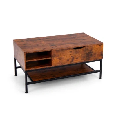 Costway Lift Top Coffee Table With Hidden Compartment And Removable Storage Shelf-rustic Brown In Multi