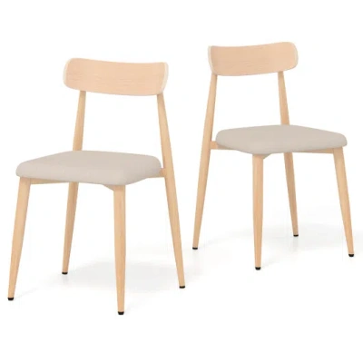 Costway Linen Fabric Upholstered Modern Dining Chair Set Of 2 With Padded Seat And Curved Back-oak In Brown