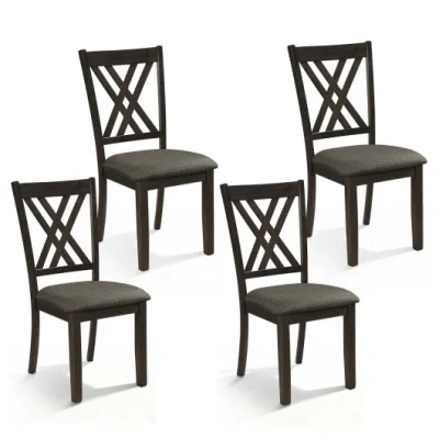 Costway Linen Fabric Upholstered Wooden Dining Chair Set Of 4 With Rubber Wood Frame For Dining Room-gray In Black