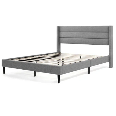 Costway Linen Upholstered Platform Twin/queen Bed Frame With Wingback Headboard-queen Size In Gray