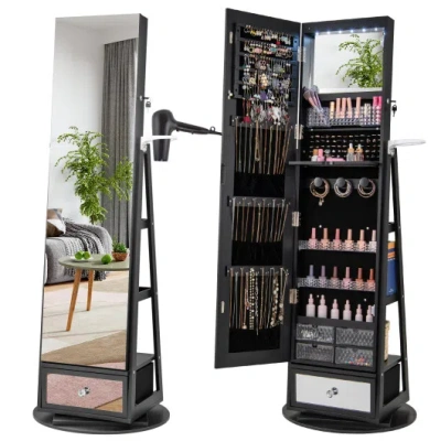 Costway Lockable 360° Swivel Jewelry Cabinet With Full-length Mirror Led Lights-black