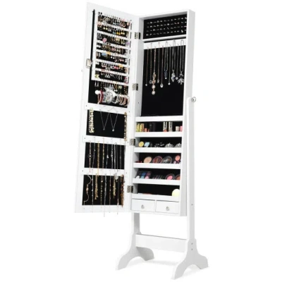 Costway Lockable Mirrored Jewelry Cabinet Armoire Storage Organizer Box-white