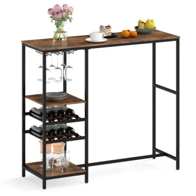 Costway Long Bar Table Bar Height Dining Table With Storage Shelves-rustic Brown In Animal Print