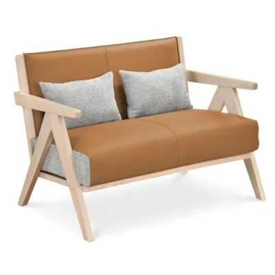 Costway Loveseat Sofa For Small Spaces With Throw Pillows Rubber Wood Frame Padded Seat-brown