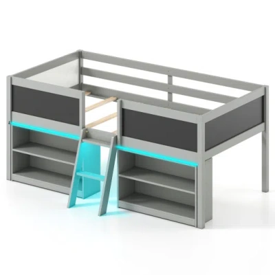 Costway Low Loft Bed With Led Lights Kid's Cabin Bed With Bookcases-gray