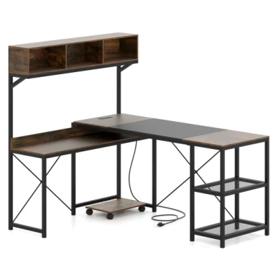 Costway L-shaped Computer Desk With Power Outlets 62 Inches Corner Desk With Storage Hutch-brown In Animal Print