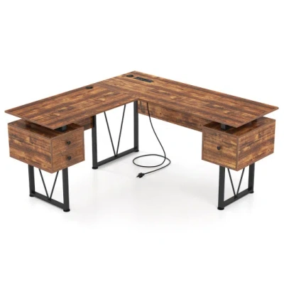 Costway L-shaped Computer Desk With Power Outlets And 3 Storage Drawers-rustic Brown