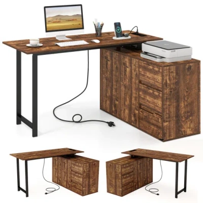 Costway L-shaped Desk With File Cabinet And Power Outlet Reversible Corner Computer Desk-rustic Brown