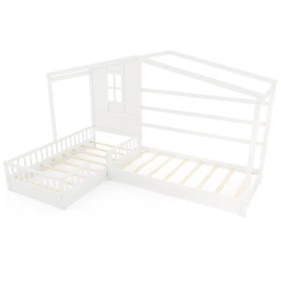 Costway L-shaped Double Twin Beds House Platform Beds With Fences Corner Bed Frame-white